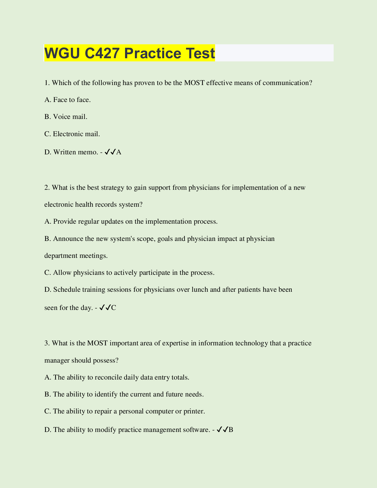 Preview of WGU C427 Practice Test | Questions with 100% Correct Answers | Verified | Latest Update